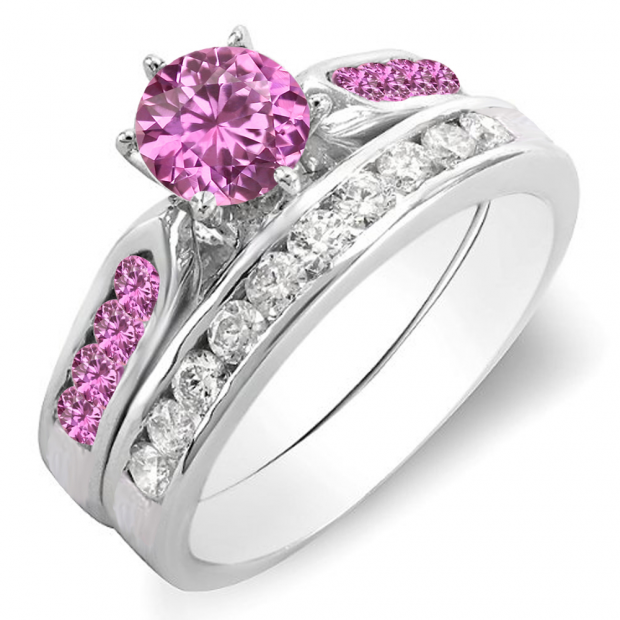 1.00 Carat (ctw) 14k White Gold Round Pink Sapphire & White Diamond Ladies Bridal Engagement Ring Set With Matching Band 1 CT
