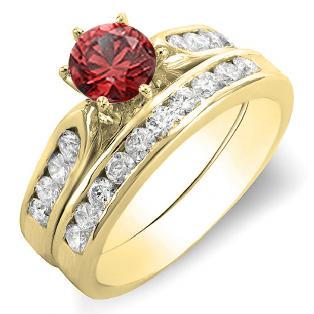 1.00 Carat (ctw) 10k Yellow Gold Round Red Ruby & Yellow Diamond Ladies Bridal Engagement Ring Set With Matching Band 1 CT