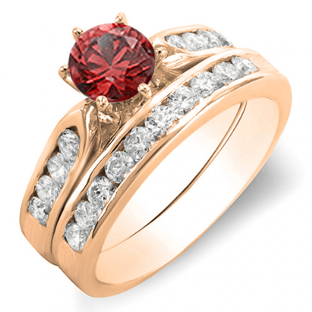 1.00 Carat (ctw) 18k Rose Gold Round Red Ruby & Rose Diamond Ladies Bridal Engagement Ring Set With Matching Band 1 CT