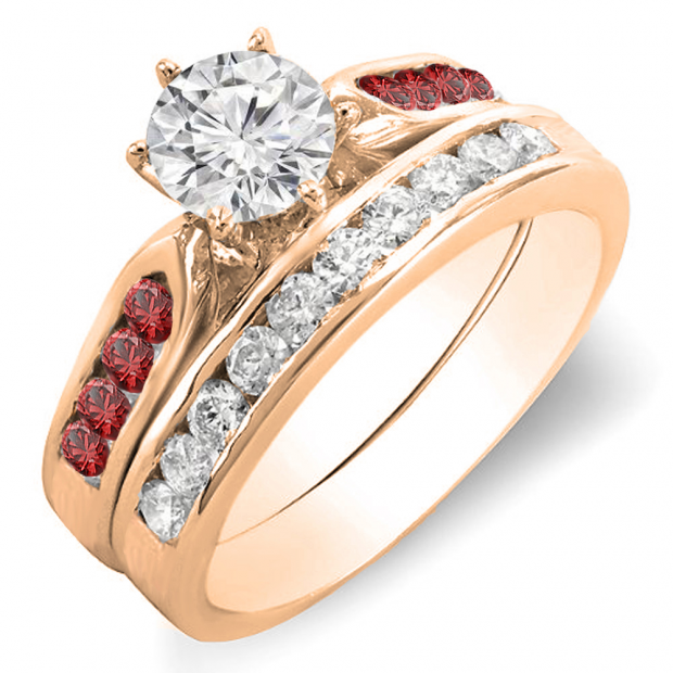 1.00 Carat (ctw) 14k Rose Gold Round Red Ruby & White Diamond Ladies Bridal Engagement Ring Set With Matching Band 1 CT