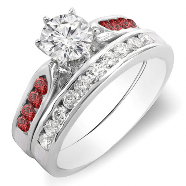 1.00 Carat (ctw) 14k White Gold Round Red Ruby & White Diamond Ladies Bridal Engagement Ring Set With Matching Band 1 CT