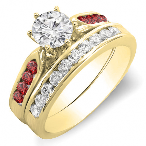 1.00 Carat (ctw) 14k Yellow Gold Round Red Ruby & White Diamond Ladies Bridal Engagement Ring Set With Matching Band 1 CT
