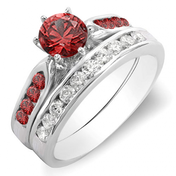 1.00 Carat (ctw) 10k White Gold Round Red Ruby & White Diamond Ladies Bridal Engagement Ring Set With Matching Band 1 CT