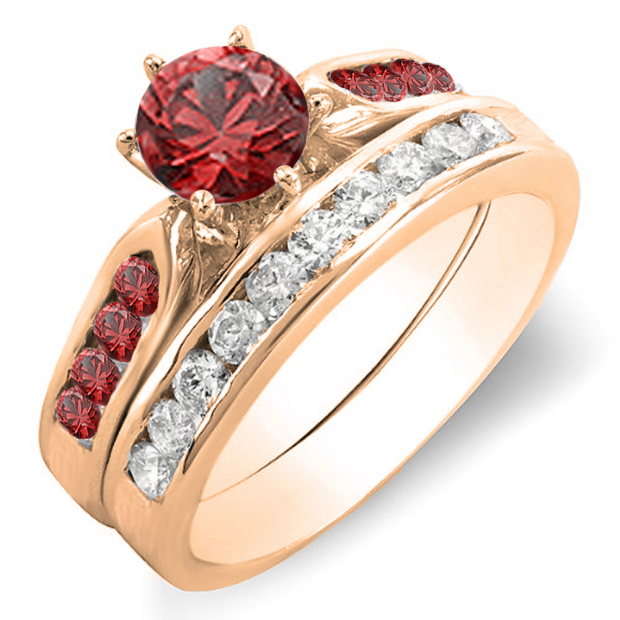 1.00 Carat (ctw) 14k Rose Gold Round Red Ruby & White Diamond Ladies Bridal Engagement Ring Set With Matching Band 1 CT