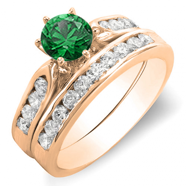 1.00 Carat (ctw) 14k Rose Gold Round Green Emerald & Rose Diamond Ladies Bridal Engagement Ring Set With Matching Band 1 CT