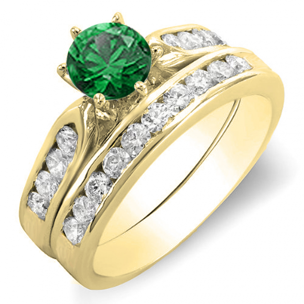 1.00 Carat (ctw) 14k Yellow Gold Round Green Emerald & Yellow Diamond Ladies Bridal Engagement Ring Set With Matching Band 1 CT