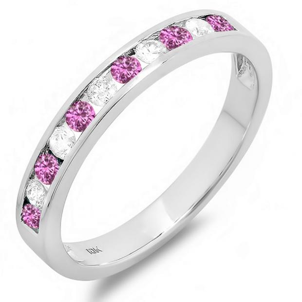 0.50 Carat (ctw) 10k White Gold Round Pink Sapphire & White Diamond Ladies Anniversary Wedding Stackable Ring Band 1/2 CT