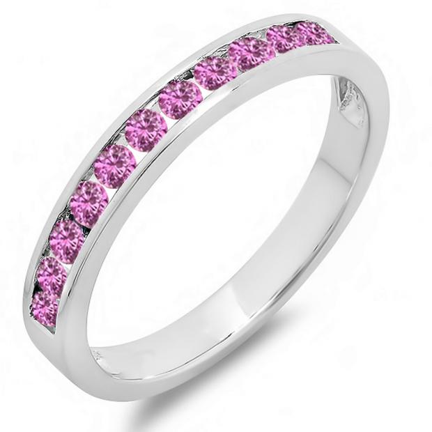 0.50 Carat (ctw) 14k White Gold Round Pink Sapphire Ladies Anniversary Wedding Stackable Ring Band 1/2 CT