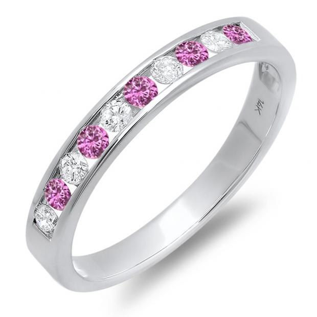0.40 Carat (ctw) 14k White Gold Round Pink Sapphire & White Diamond Ladies Anniversary Wedding Stackable Ring Band