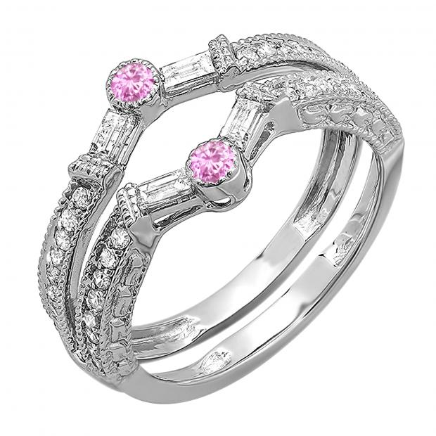 0.55 Carat (ctw) 14k White Gold Round & Baguette White Diamond & Pink Sapphire Ladies Anniversary Wedding Enhancer Guard Band 1/2 CT