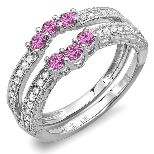 0.60 Carat (ctw) 14k White Gold Round Pink Sapphire And White Diamond Ladies Anniversary Wedding Band Enhancer Guard