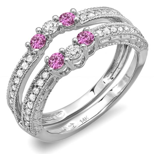 0.60 Carat (ctw) 14k White Gold Round Pink Sapphire And White Diamond Ladies Anniversary Wedding Band Enhancer Guard