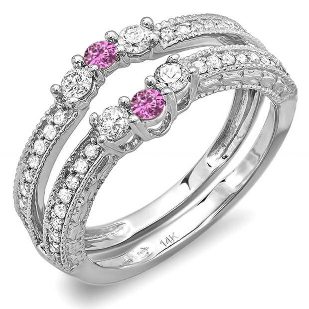 0.60 Carat (ctw) 14k White Gold Round Pink Sapphire And White Diamond Ladies Anniversary Wedding Band Enhancer Guard