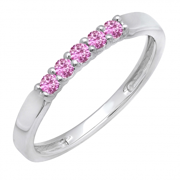 0.25 Carat (ctw) 10k White Gold Round Pink Sapphire 5 Stone Ladies Anniversary Wedding Band Ring 1/4 CT