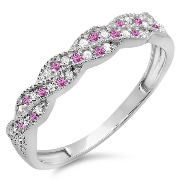 0.25 Carat (ctw) 14k White Gold Round White Diamond & Pink Sapphire Ladies Anniversary Wedding Stackable Band Swirl Ring 1/4 CT
