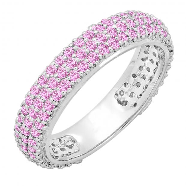 1.30 Carat (ctw) 14K White Gold Round Pink Sapphire Ladies Pave Set Anniversary Wedding Eternity Ring Band 1 1/3 CT