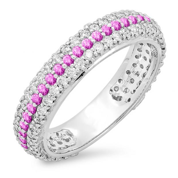 1.30 Carat (ctw) 10K White Gold Round White Diamond & Pink Sapphire Ladies Pave Set Anniversary Wedding Eternity Ring Band 1 1/3 CT
