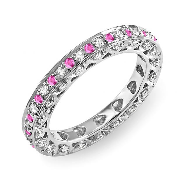 1.00 Carat (ctw) 14k White Gold Round White Diamond & Pink Sapphire Ladies Eternity Anniversary Wedding Band Stackable Ring 1 CT