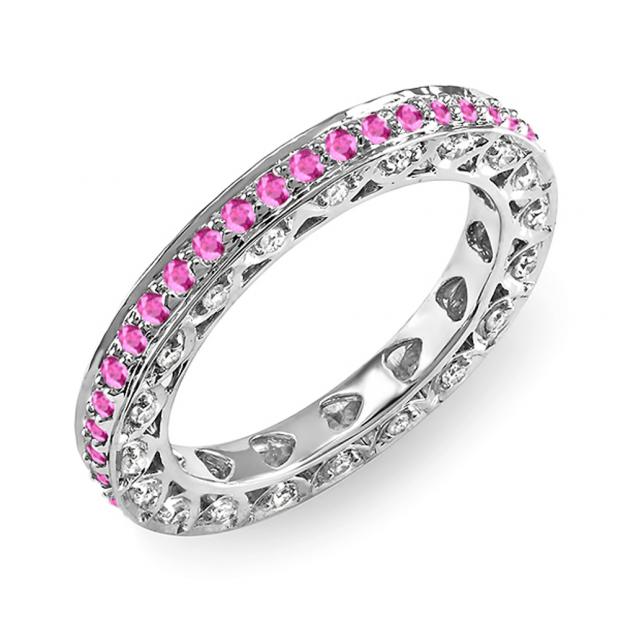 1.00 Carat (ctw) 14k White Gold Round White Diamond & Pink Sapphire Ladies Eternity Anniversary Wedding Band Stackable Ring 1 CT