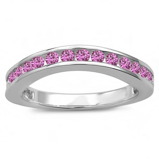 0.75 Carat (ctw) 14k White Gold Round Pink Sapphire Ladies Curved Guard Matching Bridal Wedding Band 3/4 CT