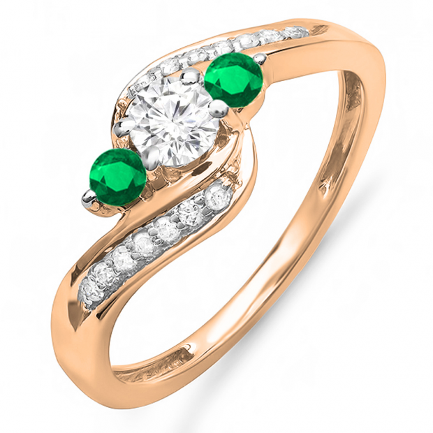 0.80 Carat (ctw) 10K Rose Gold Round Emerald & White Diamond Ladies Swirl 3 Stone Bridal Engagement Ring 3/4 CT