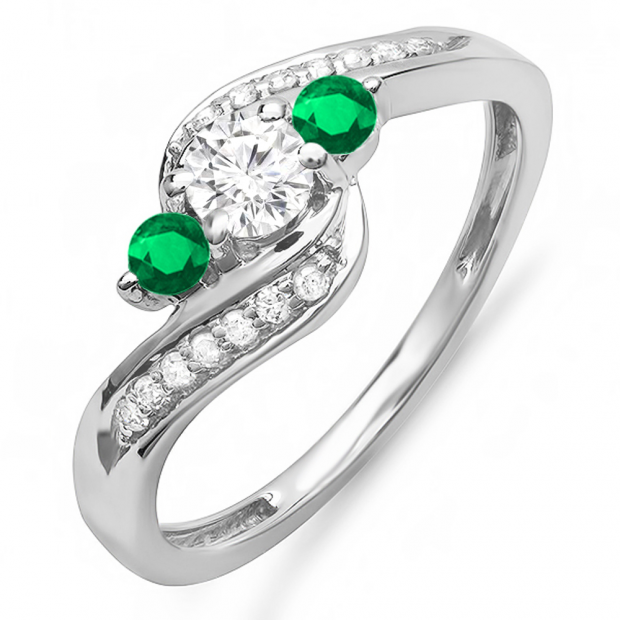 0.80 Carat (ctw) 10K White Gold Round Emerald & White Diamond Ladies Swirl 3 Stone Bridal Engagement Ring 3/4 CT