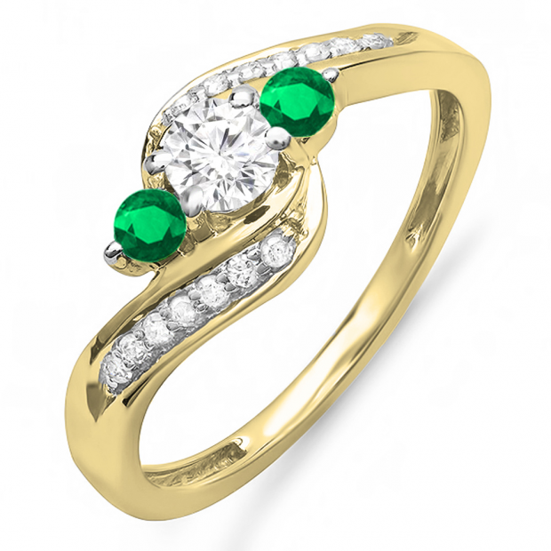 0.80 Carat (ctw) 10K Yellow Gold Round Emerald & White Diamond Ladies Swirl 3 Stone Bridal Engagement Ring 3/4 CT