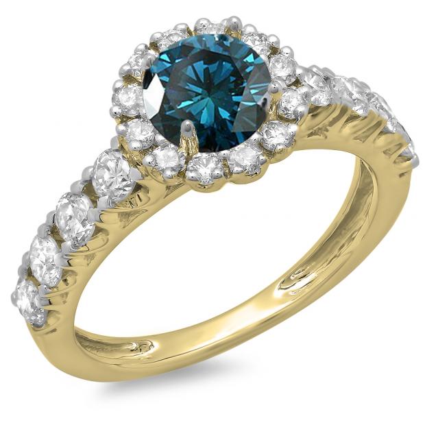 1.35 Carat (ctw) 10K Yellow Gold Round Cut Blue & White Diamond Ladies Bridal Cluster Halo Style Engagement Ring