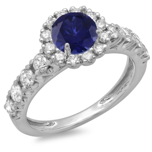 1.35 Carat (ctw) 14K White Gold Round Cut Blue Sapphire & White Diamond Ladies Bridal Cluster Halo Style Engagement Ring