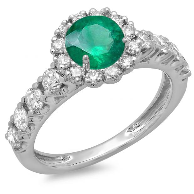 1.35 Carat (ctw) 14K White Gold Round Cut Green Emerald & White Diamond Ladies Bridal Cluster Halo Style Engagement Ring