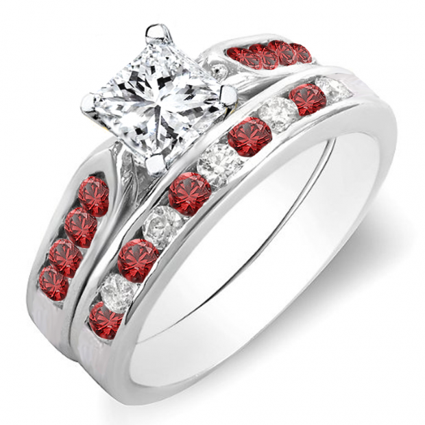 1.00 Carat (ctw) 10k White Gold Princess & Round Cut White Diamond & Red Ruby Ladies Bridal Engagement Ring Set With Matching Band 1 CT