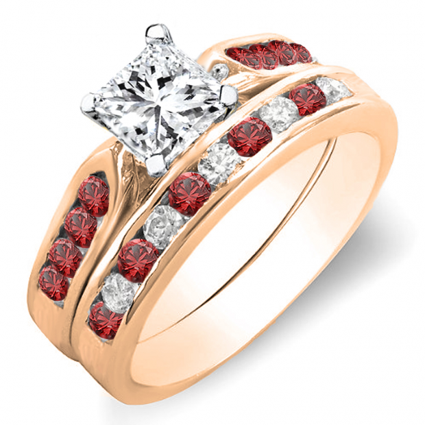 1.00 Carat (ctw) 14k Rose Gold Princess & Round Cut White Diamond & Red Ruby Ladies Bridal Engagement Ring Set With Matching Band 1 CT