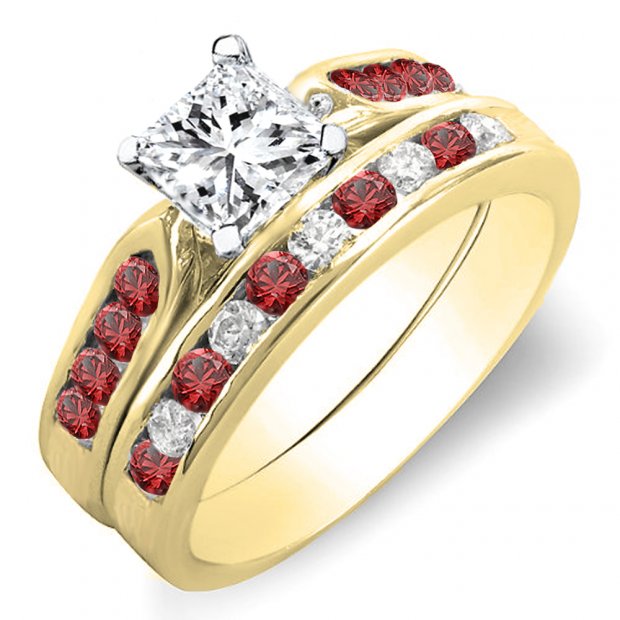 1.00 Carat (ctw) 14k Yellow Gold Princess & Round Cut White Diamond & Red Ruby Ladies Bridal Engagement Ring Set With Matching Band 1 CT