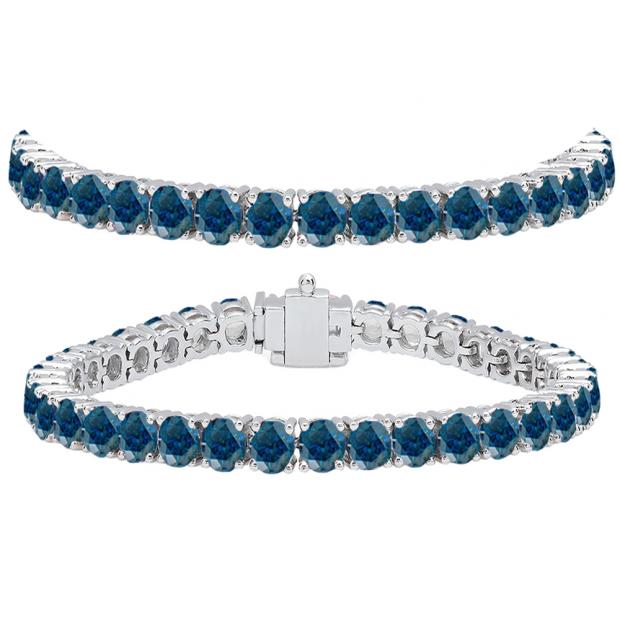 15.00 Carat (ctw) 10K White Gold Round Cut Real Blue Diamond Ladies Tennis Bracelet 15 CT