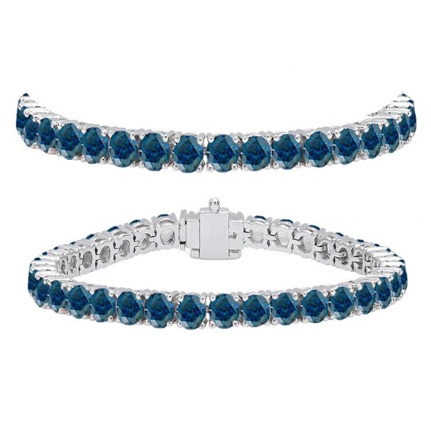 12.00 Carat (ctw) 18K White Gold Round Cut Real Blue Diamond Ladies Tennis Bracelet 12 CT
