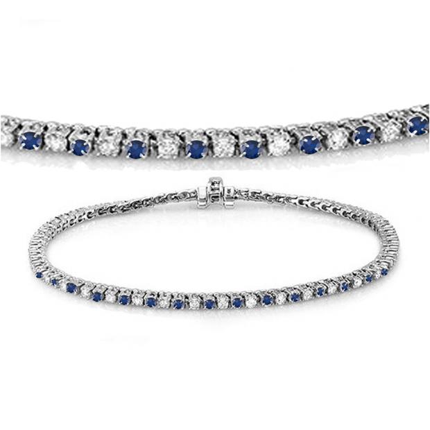 2.00 Carat (ctw) 14K White Gold Round Real Blue Sapphire & White Diamond Ladies Tennis Bracelet 2 CT