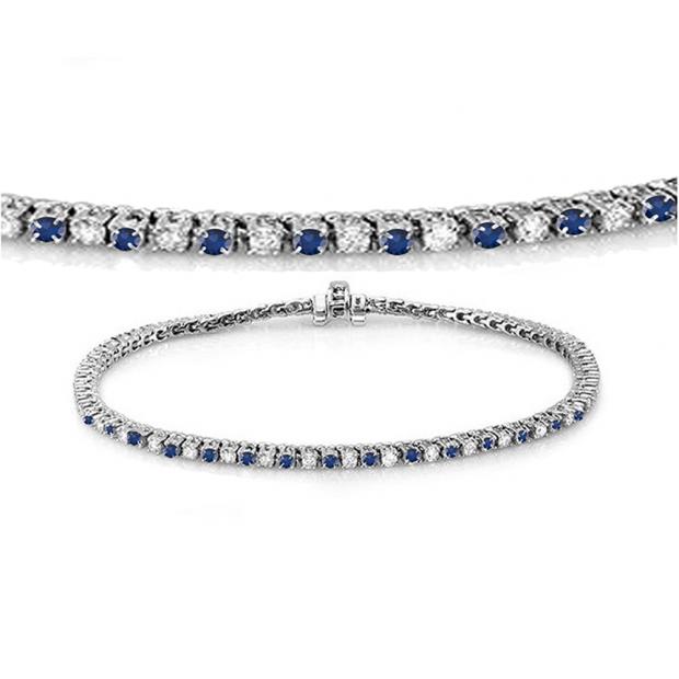 1.50 Carat (ctw) 14K White Gold Round Real Blue Sapphire & White Diamond Ladies Tennis Bracelet 1 1/2 CT