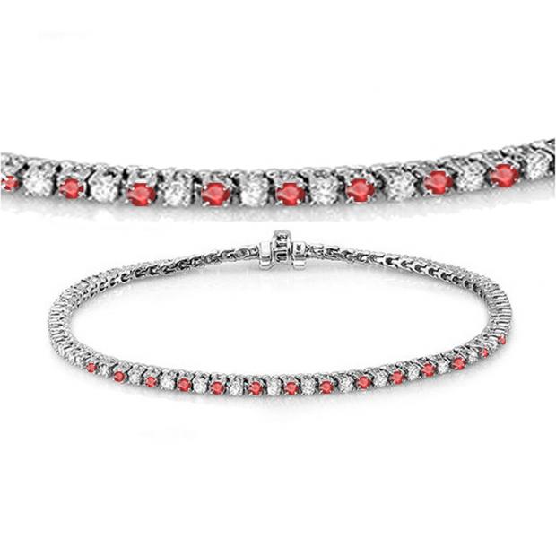 1.50 Carat (ctw) 14K White Gold Round Real Ruby & White Diamond Ladies Tennis Bracelet 1 1/2 CT