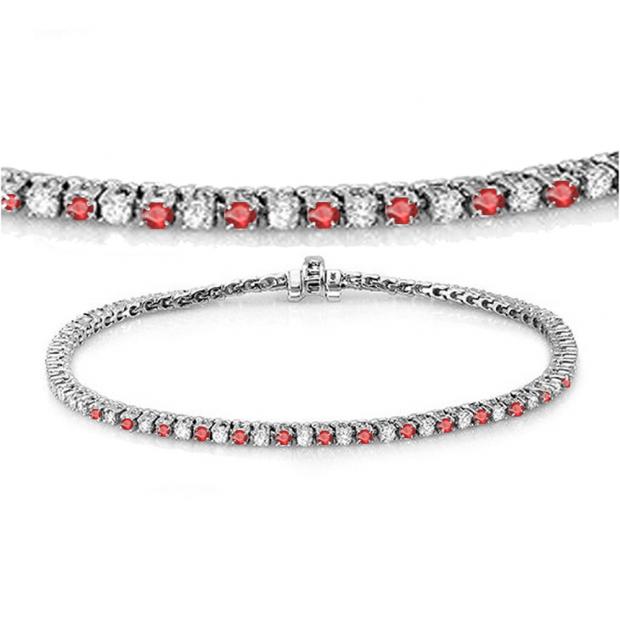 2.00 Carat (ctw) 18K White Gold Round Real Ruby & White Diamond Ladies Tennis Bracelet 2 CT