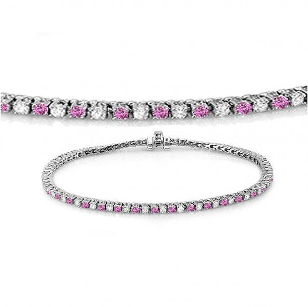 1.50 Carat (ctw) 14K White Gold Round Real Pink Sapphire & White Diamond Ladies Tennis Bracelet 1 1/2 CT