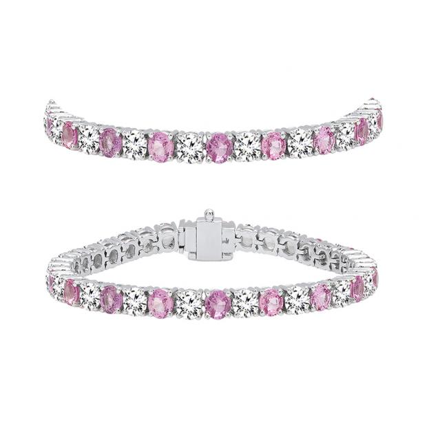 8.00 Carat (ctw) 18K White Gold Round Real Pink Sapphire & White Diamond Ladies Tennis Bracelet 8 CT