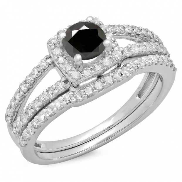 1.00 Carat (ctw) 10K White Gold Round White & Black Diamond Ladies Split Shank Halo Bridal Engagement Ring With Matching Band Set 1 CT