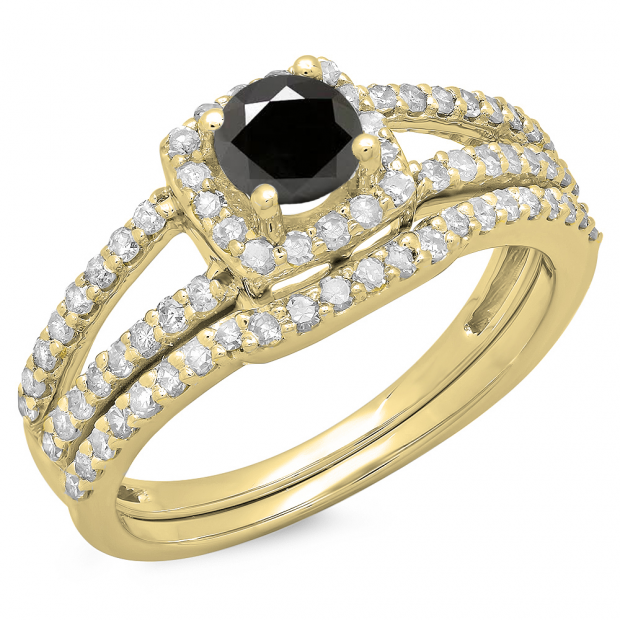 1.00 Carat (ctw) 10K Yellow Gold Round White & Black Diamond Ladies Split Shank Halo Bridal Engagement Ring With Matching Band Set 1 CT