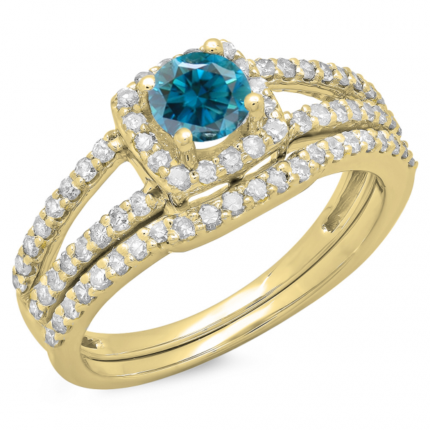 1.00 Carat (ctw) 14K Yellow Gold Round White & Blue Diamond Ladies Split Shank Halo Bridal Engagement Ring With Matching Band Set 1 CT