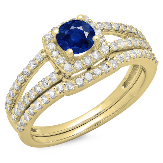 1.00 Carat (ctw) 10K Yellow Gold Round Blue Sapphire & White Diamond Ladies Split Shank Halo Bridal Engagement Ring With Matching Band Set 1 CT