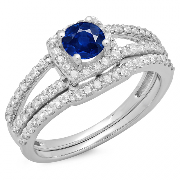 1.00 Carat (ctw) 18K White Gold Round Blue Sapphire & White Diamond Ladies Split Shank Halo Bridal Engagement Ring With Matching Band Set 1 CT