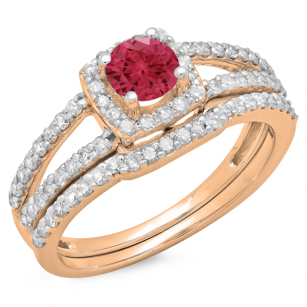 1.00 Carat (ctw) 10K Rose Gold Round White & Red Ruby Diamond Ladies Split Shank Halo Bridal Engagement Ring With Matching Band Set 1 CT