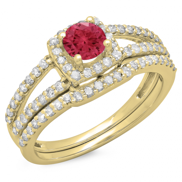 1.00 Carat (ctw) 14K Yellow Gold Round Red Ruby & White Diamond Ladies Split Shank Halo Bridal Engagement Ring With Matching Band Set 1 CT