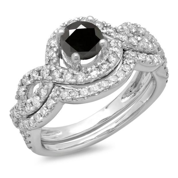 1.75 Carat (ctw) 14K White Gold Round White & Black Diamond Ladies Swirl Bridal Halo Engagement Ring With Matching Band Set 1 3/4 CT