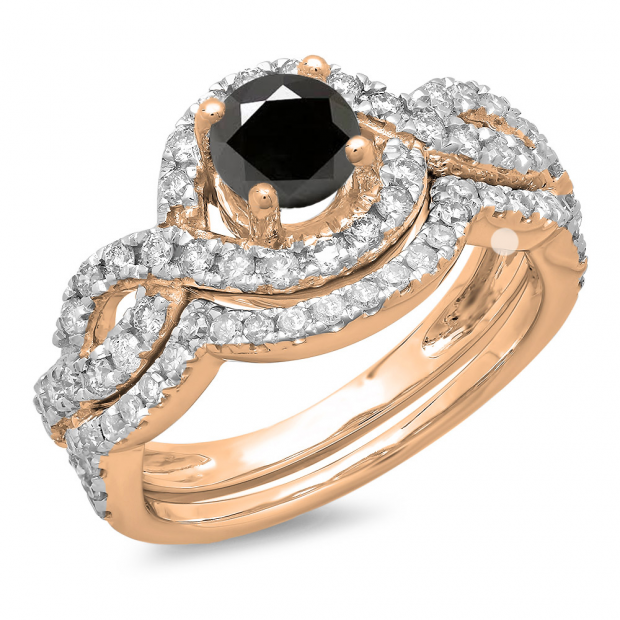 1.75 Carat (ctw) 18K Rose Gold Round White & Black Diamond Ladies Swirl Bridal Halo Engagement Ring With Matching Band Set 1 3/4 CT